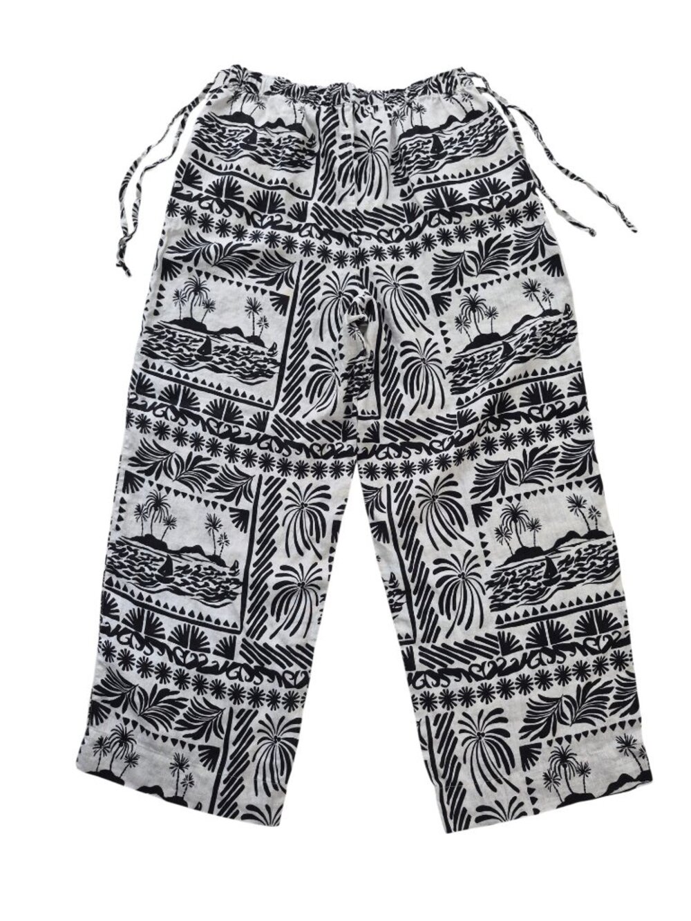 Rachel Zoe Linen Tropical BW Tribal Print Wide Leg Pants Pull on Drawstring M - Picture 4 of 13